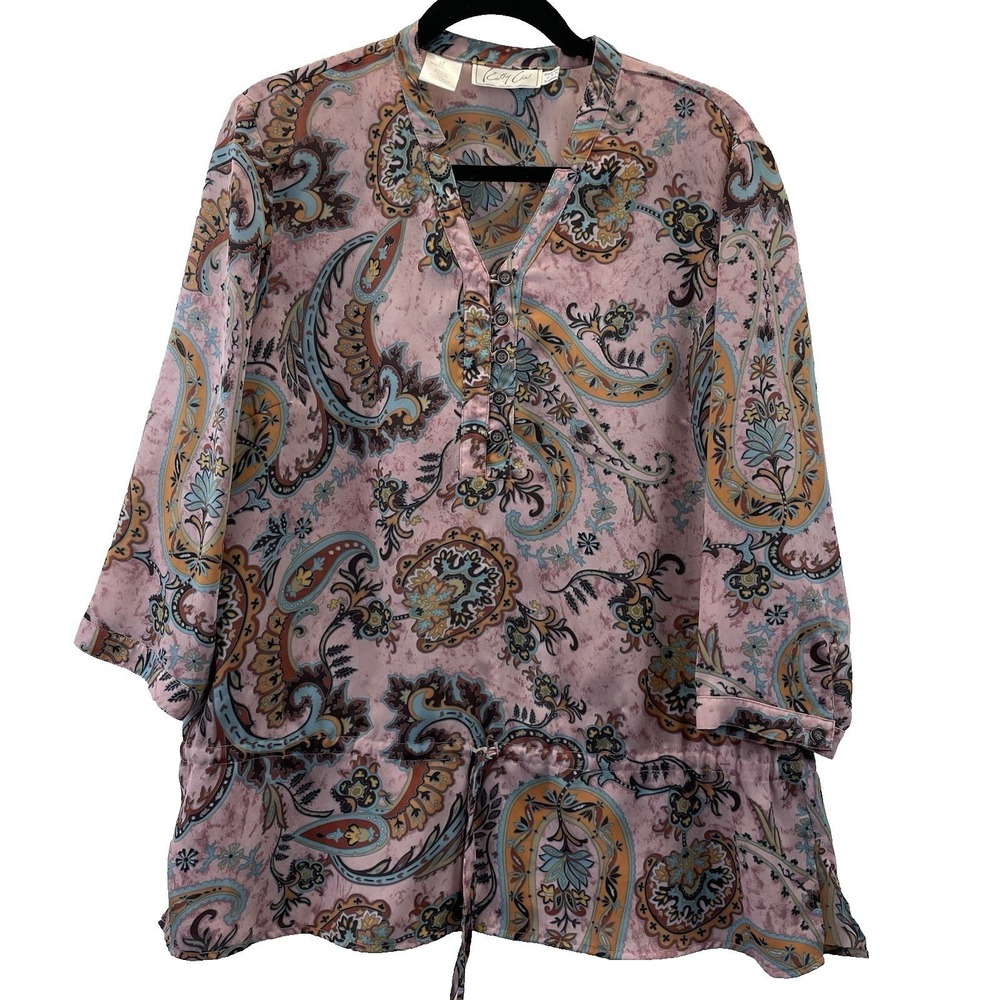 Cathy Che Paisley Blouse Womens‎ 16 Pink 3/4 Sleeve Drawstring Waist Boho Top